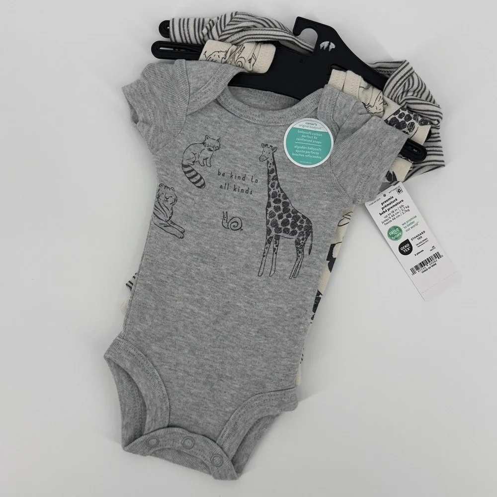 Carter's Preemie 0M Bodysuit Onepiece‎ Set 3pc Neutral Animals Giraffe Baby NEW